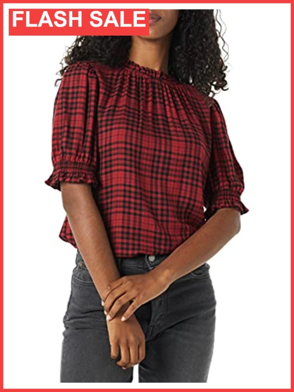 Women's Fluid Twill Puff Sleeve Smocked Neck Ruffle Blouse Viscose